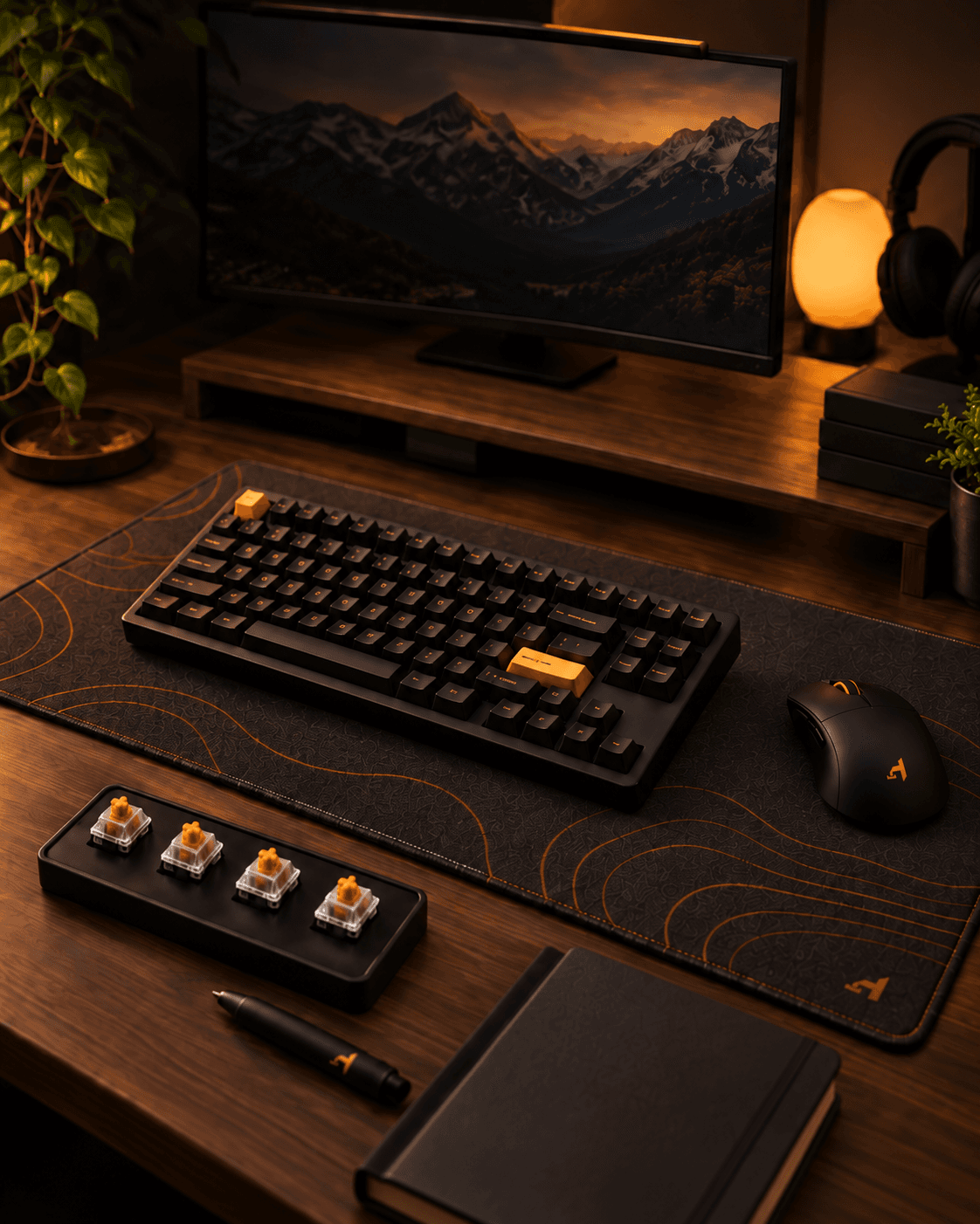 A complete desk setup with a keyboard, mouse, deskmat, switches and a plain notebook
