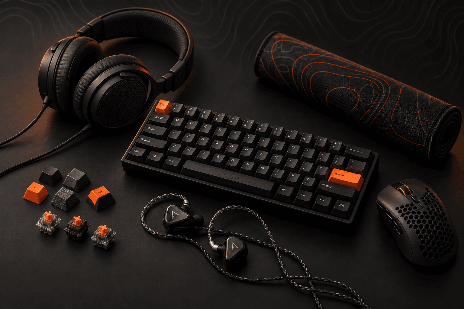 Headphones, a mechanical keyboard, keycaps, switches, IEMs, a gaming mouse, and a rolled deskmat arranged as a complete setup